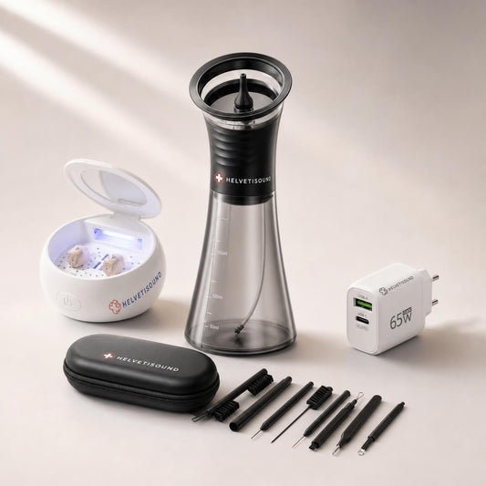 Pack Entretien Complet Helvetisound — station UV, nettoyeur d'oreilles, kit 8 pièces et chargeur 65W