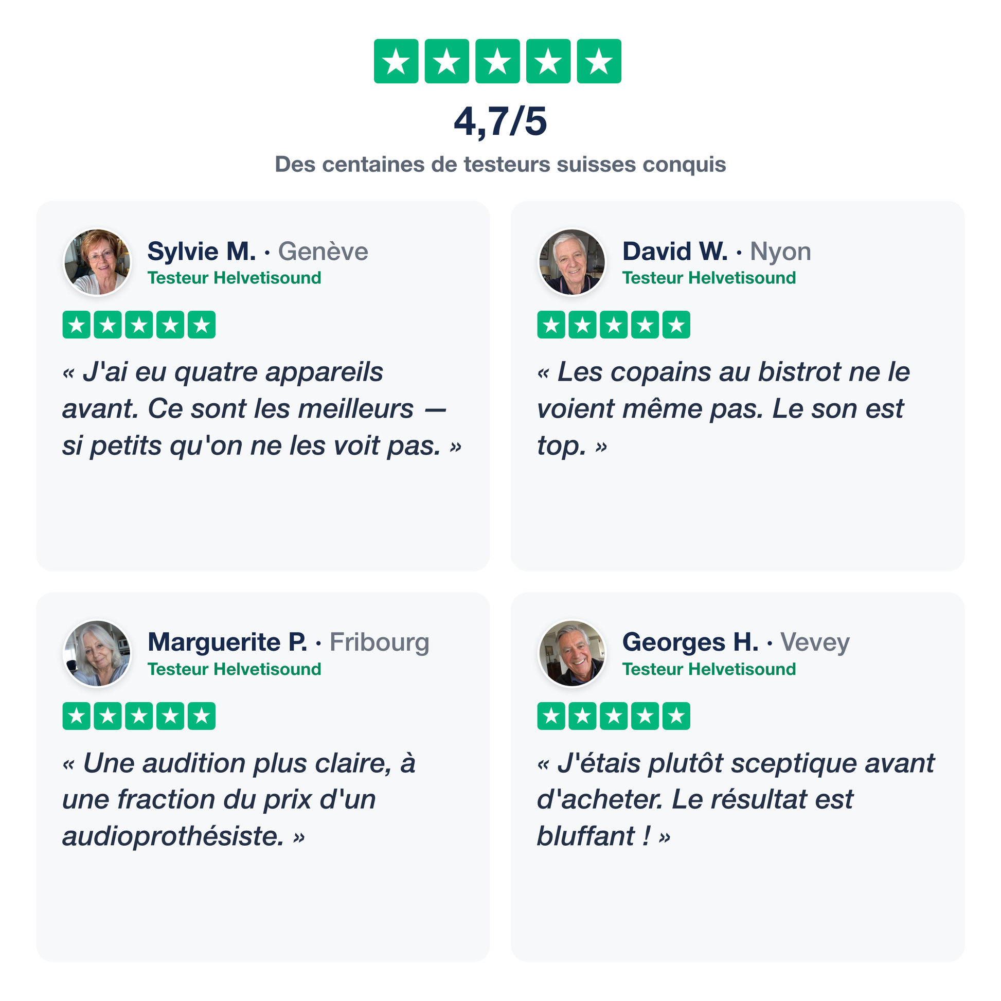 Avis testeurs Helvetisound - 4,7 sur 5 - vrais seniors suisses